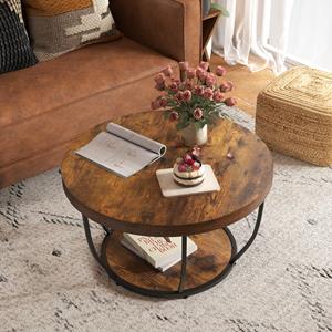 Costway Ronde Salontafel van 80 cm met 2 Lagen Cocktailtafel met Stevig Metalen Frame Bijzettafel met Kunsthouten Blad voor Woonkamer