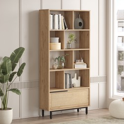 CALICOSY  Boekenkast met 1 deur - Eikenlook en rotanprint - H175,6 cm