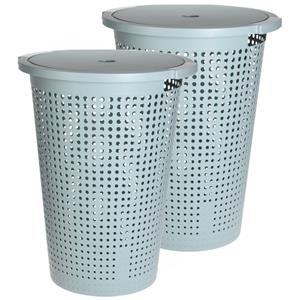 Merkloos Wasmand met deksel - 2x stuks - mintgroen - 35 liter - x 52 cm - kunststof - rond -