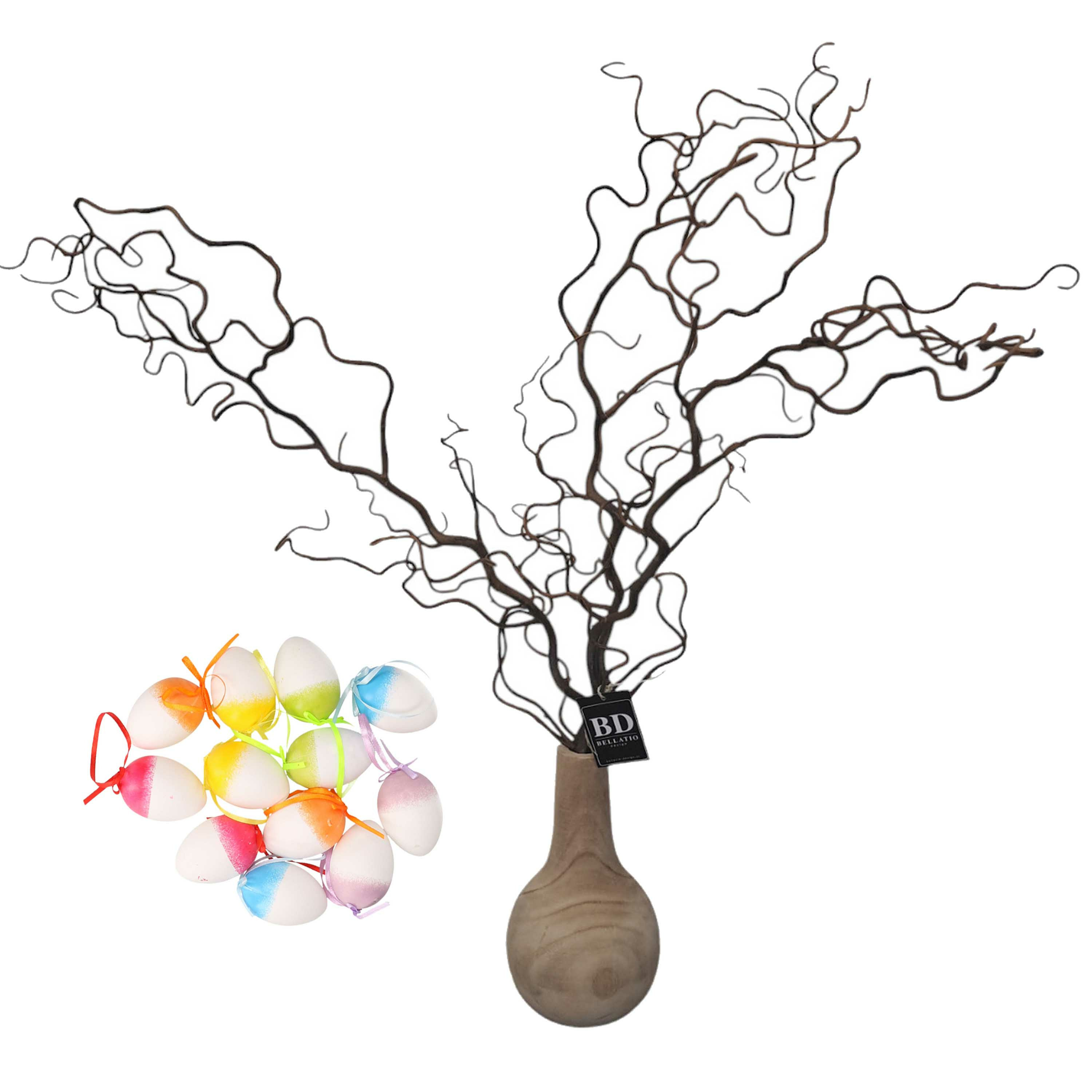 Bellatio Design Kronkelhazelaar kunst paastak - incl paaseieren - 87 cm - paasdecoratie kunsttakken -