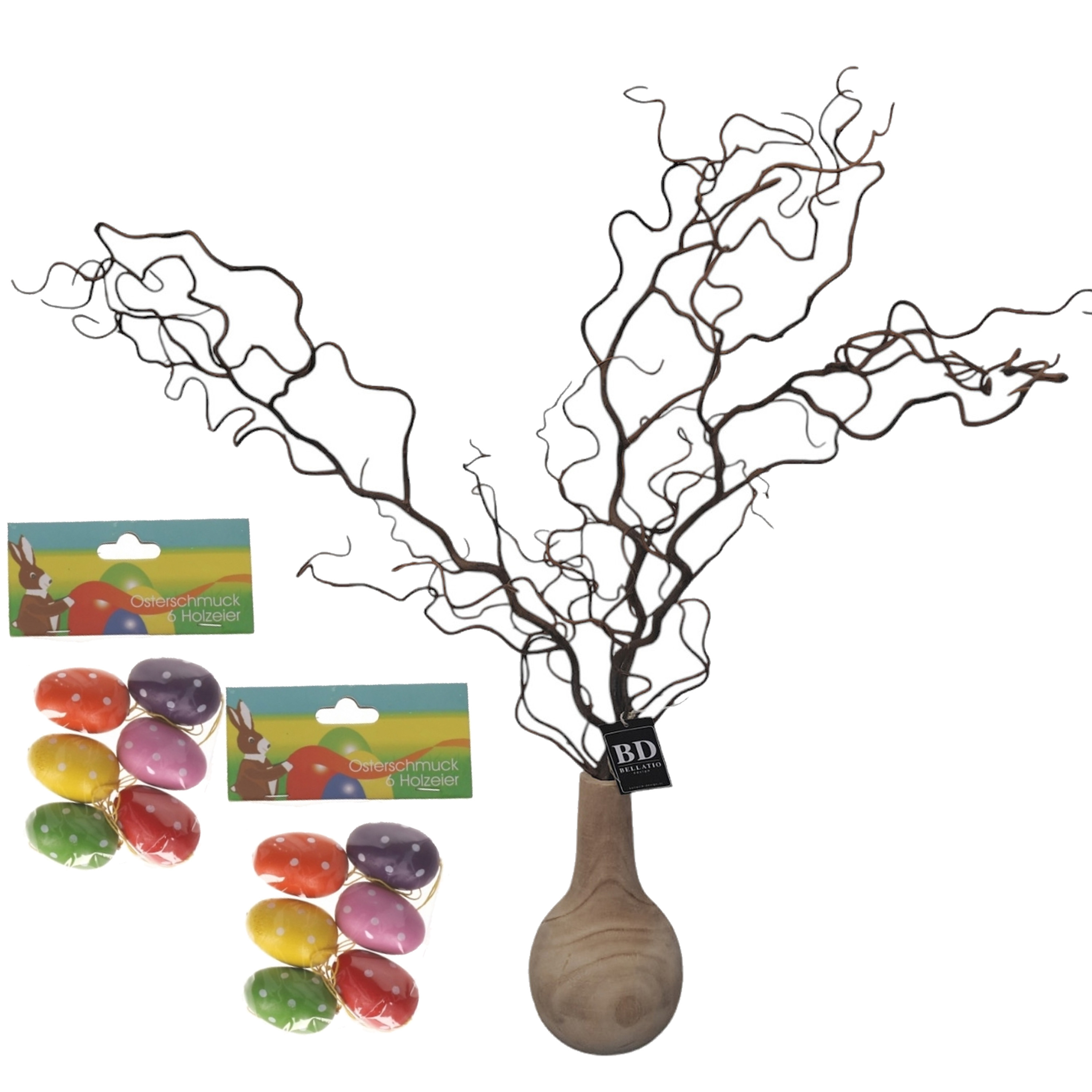 Bellatio Design Kronkelhazelaar kunst paastak - incl paaseieren - 87 cm - paasdecoratie kunsttakken -