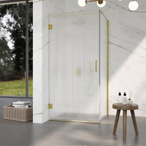 Fortifura Galeria Douchecabine - 80x100x200cm - scharnieren - deurgreep - stabilisatiestang - helder geribbeld - veiligheidsglas - Geborsteld messing PVD (Goud) SW1208820/SW1122564/SW797910/SW797955