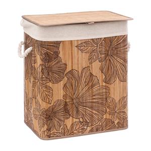 5five Wasmand met deksel - bamboe hout - 60 Liter- naturel wit - 43 x 31 x 50 cm - Flora print -