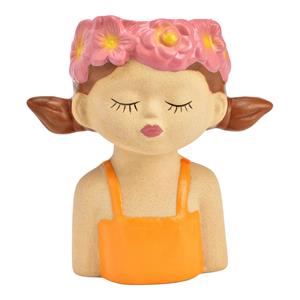 Merkloos Bloempot/vaas vrouwenhoofd - bloemenmeisje - geel - keramiek - 11 x 12 x 7 cm -