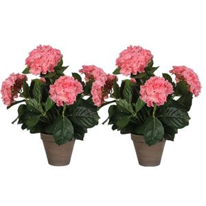 Shoppartners 2x Roze Hydrangea/hortensia kunstplanten 45 cm in grijze pot -