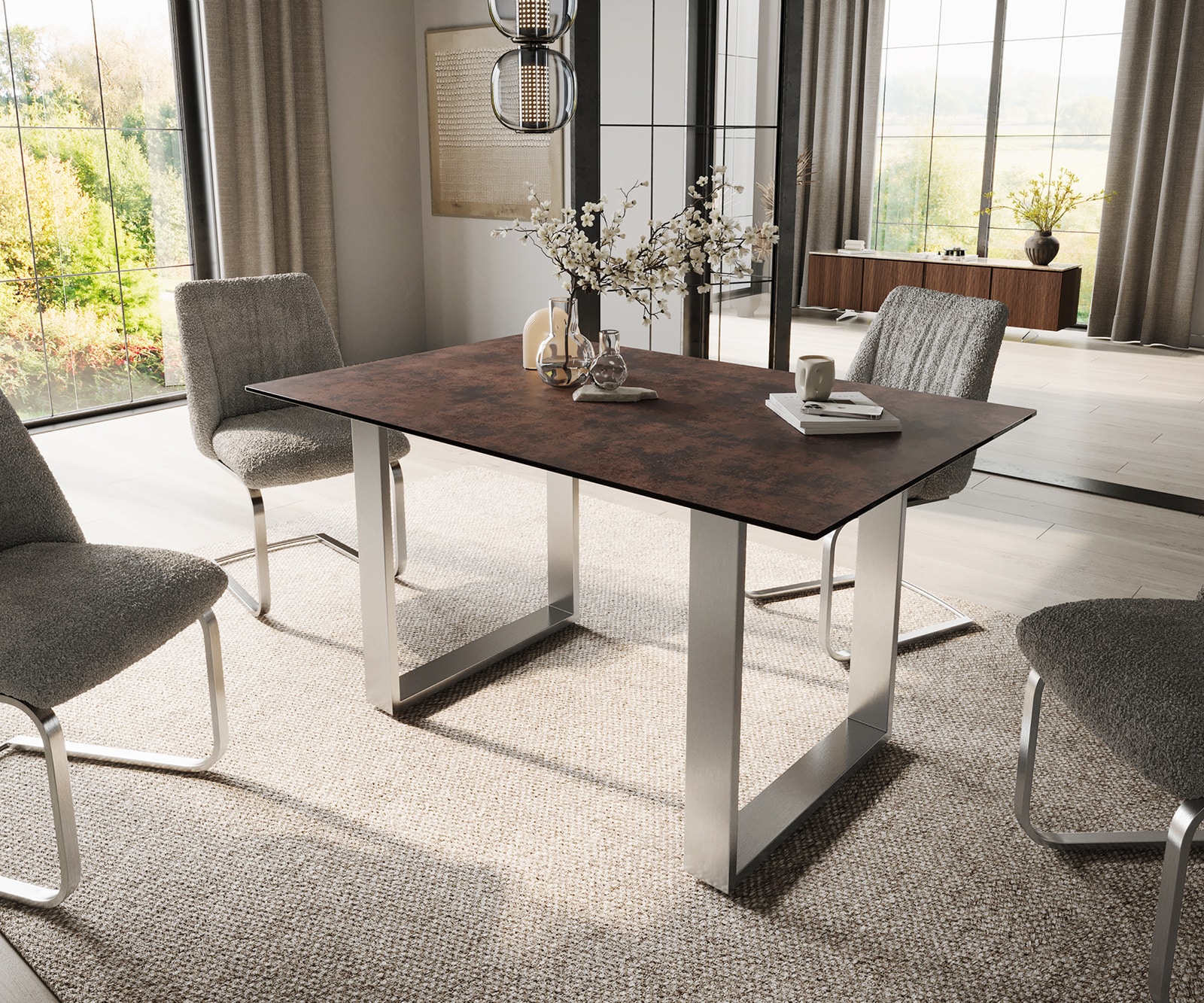 DELIFE Esstisch Edge 140x90 Glas Antique-braun Edelstahl Schmal