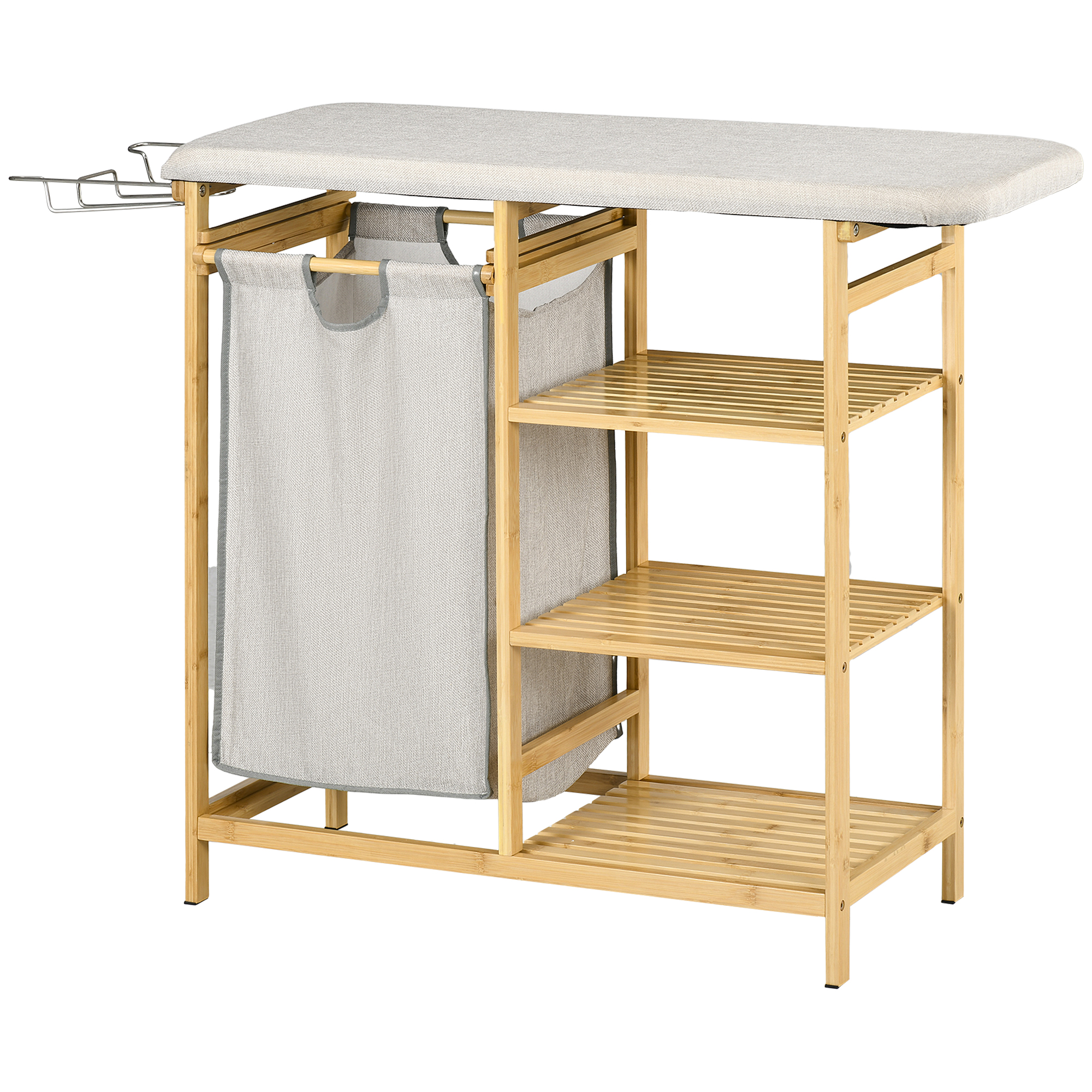 HOMCOM wasmand, multifunctioneel, met strijkplank en stoffen zak, 57L, stevig bamboe frame, 113 x 34 x 82 cm, natuur, grijs | Aosom.nl