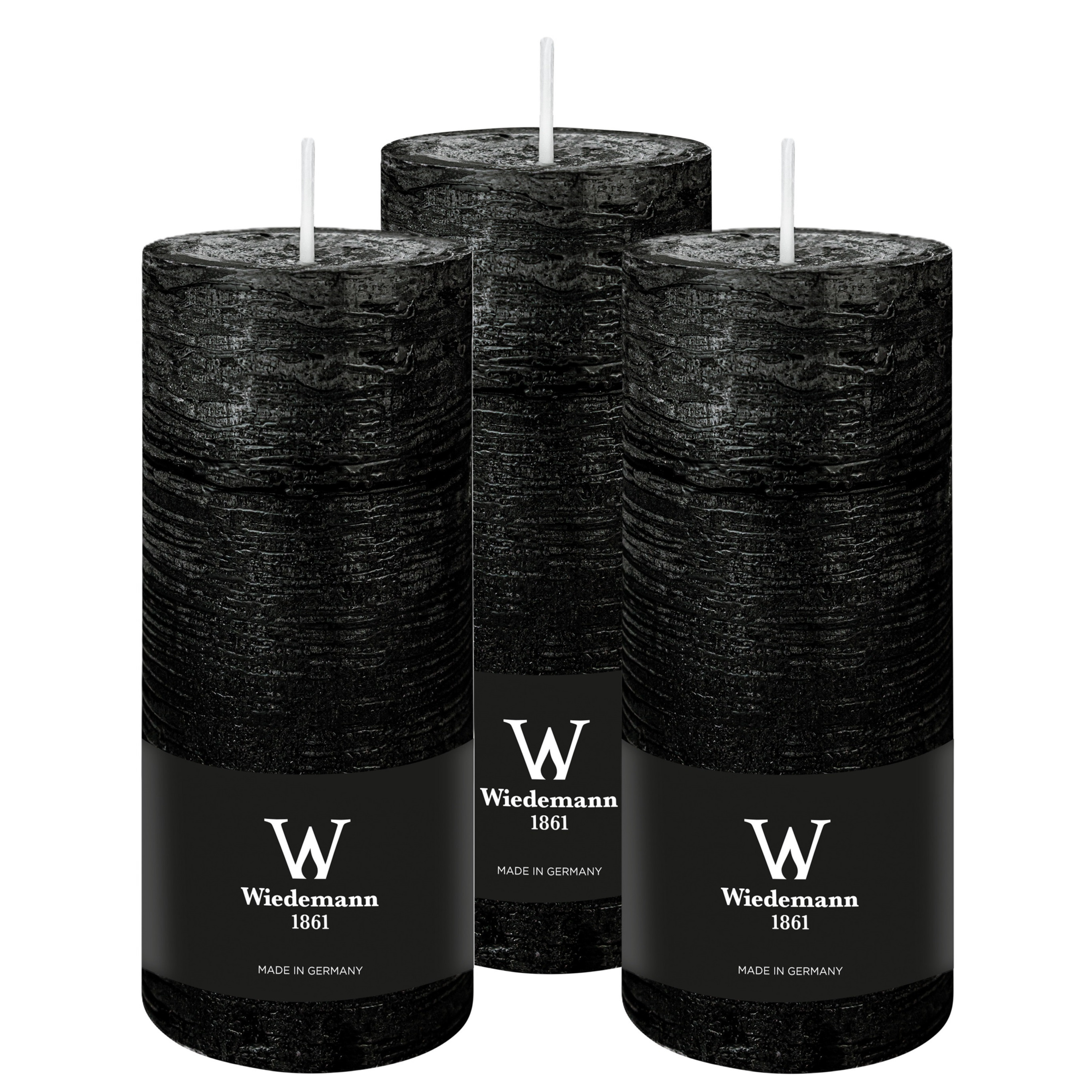 Wiedemann Cilinderkaars/stompkaars - 3x - rustieke kaars - zwart - 7 x 16 cm - 66 branduren -