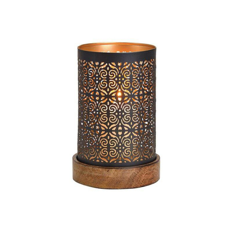 Merkloos Waxinelicht/theelicht houders Maroc - koper/zwart - op houten voet - 18 x 10 cm -