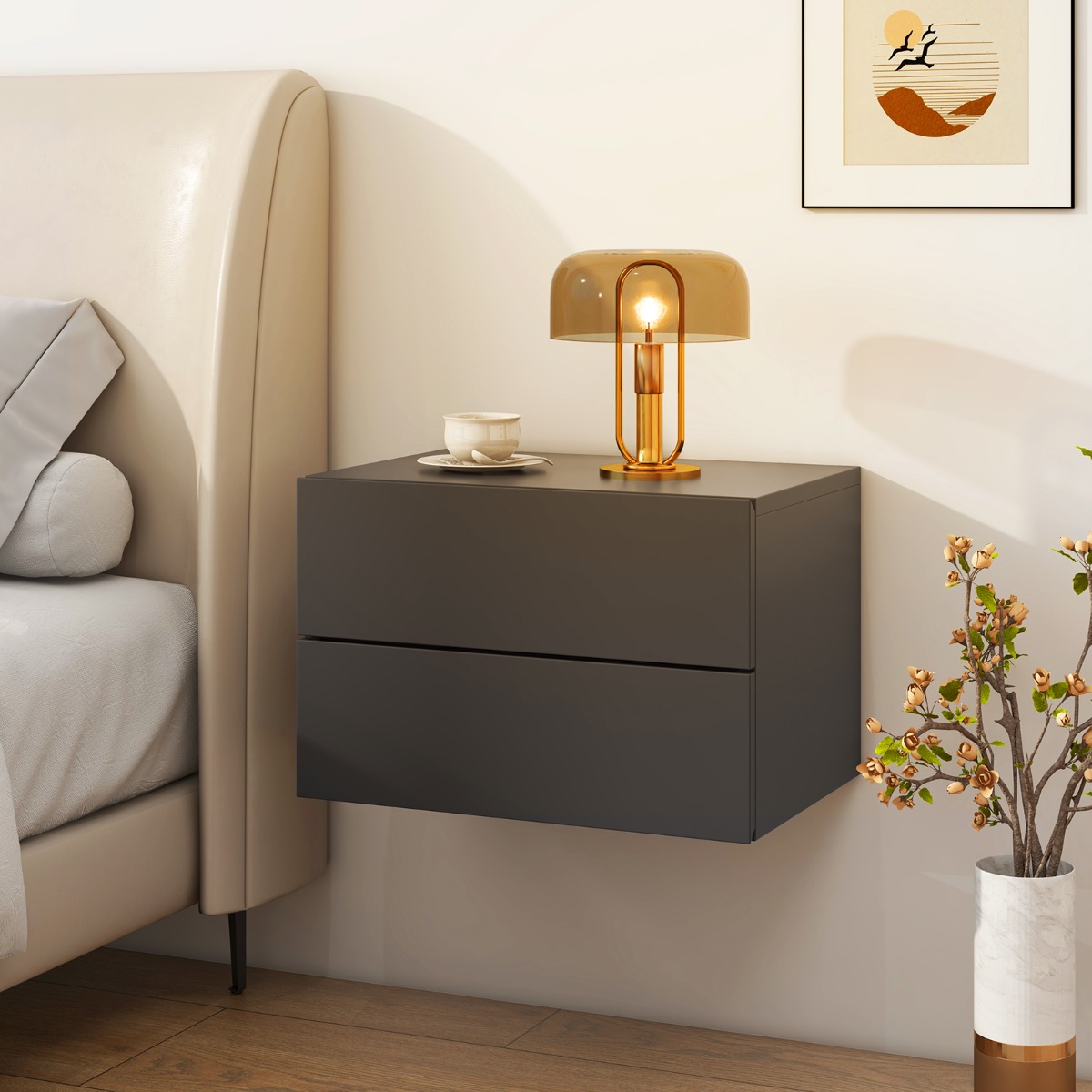 Costway Zwevend Nachtkastje met Lades Aan de Muur Gemonteerd Nachtkastje Moderne Zwevende Slaapkamerplank Kleine Hangende Bijzettafel