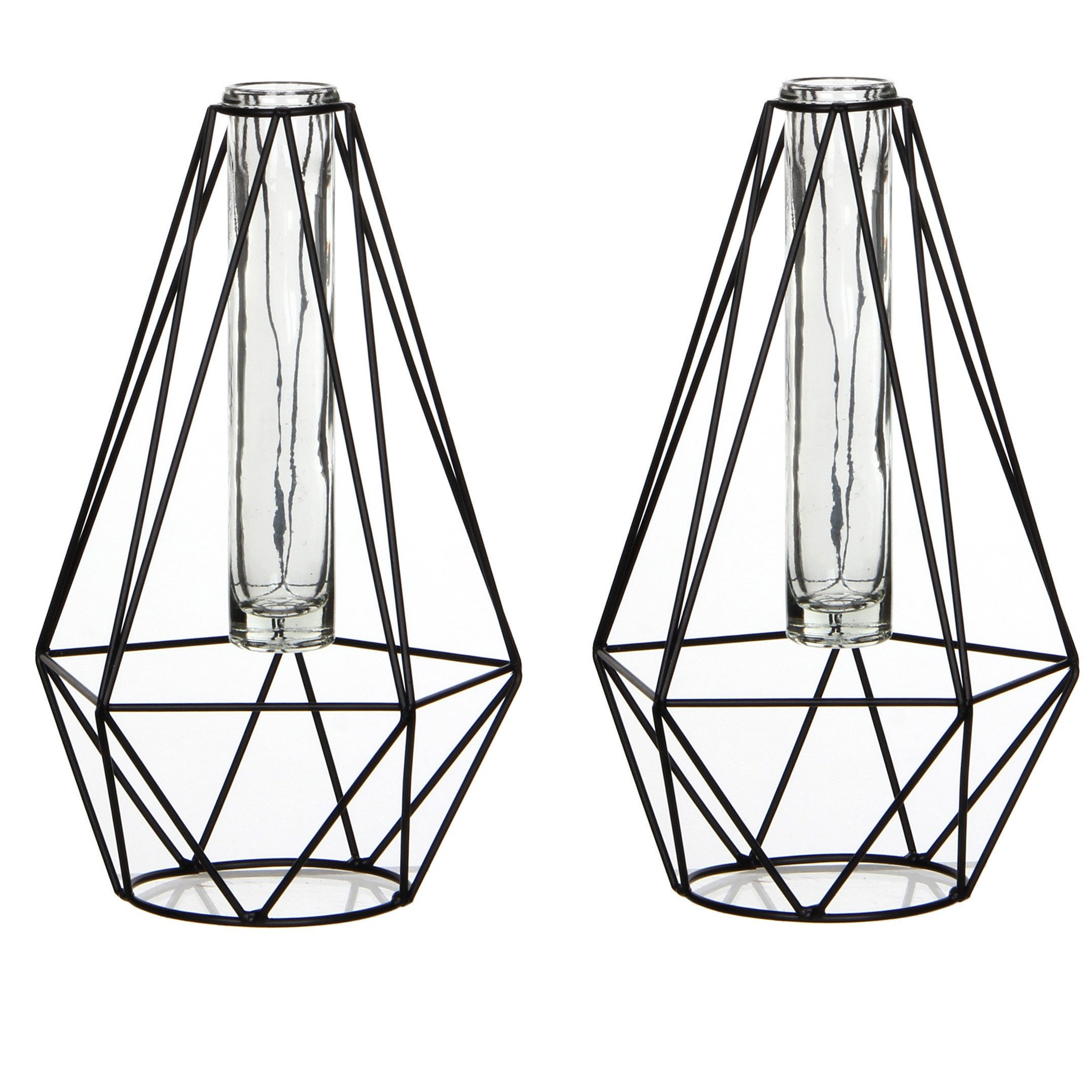 Mica Decorations Draad vaasje - 2x - diamant vorm - zwart - metaal/glas - 15 x 14 x 24 cm - bloemenvaasje -