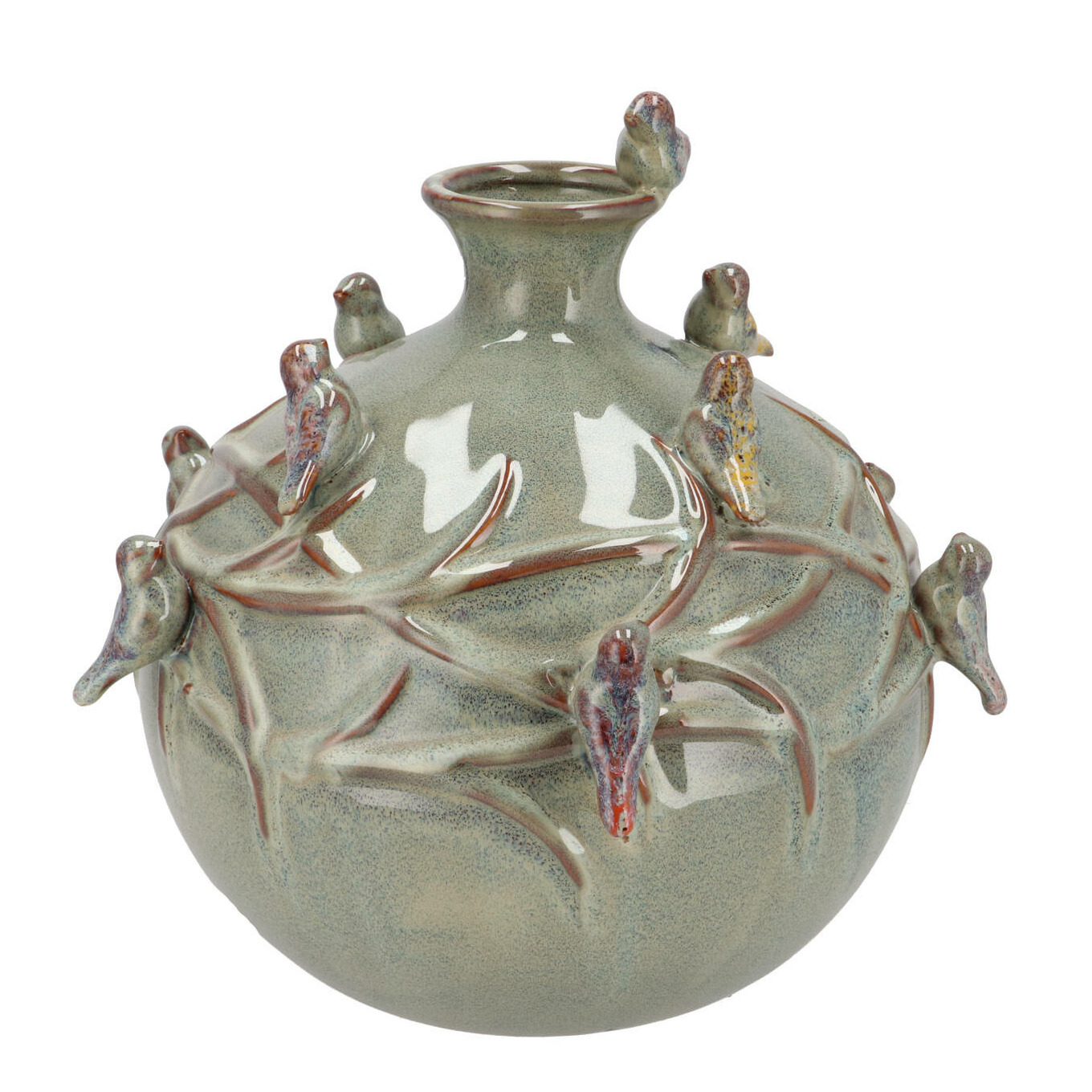 DK Design Vaas Spring birds - mosgroen - keramiek - D29 x H28 cm - bloemenvaas -