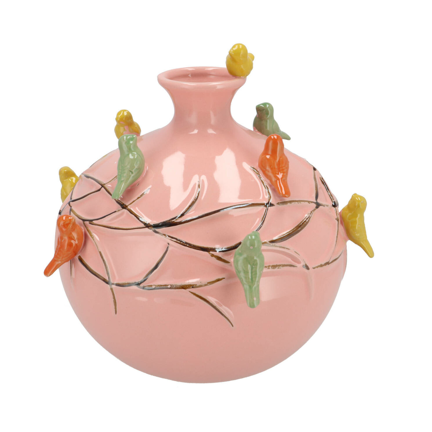 DK Design Vaas Spring birds - roze - keramiek - D29 x H28 cm - bloemenvaas -
