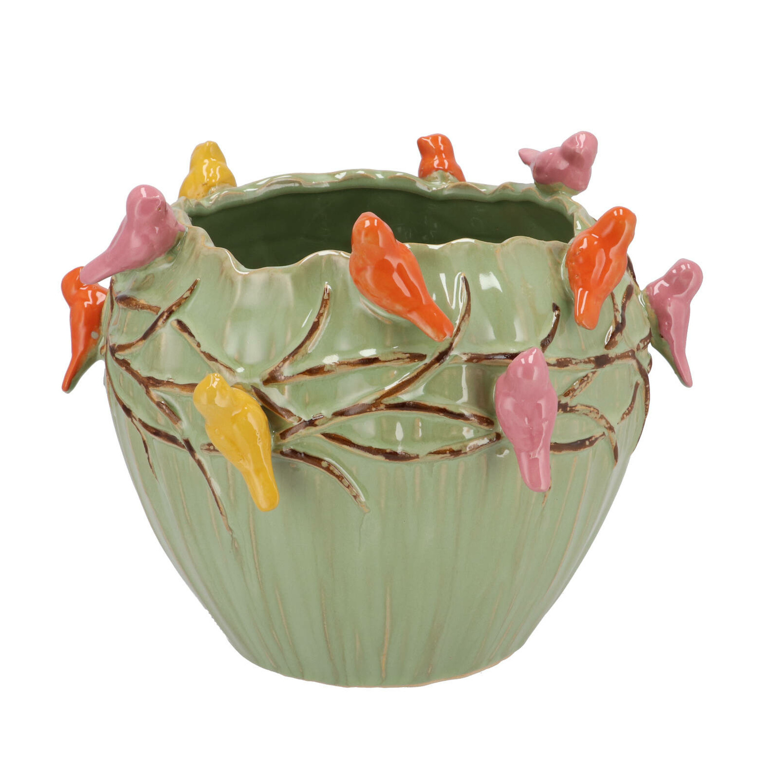 DK Design Bloempot/plantenpot Vogels - pistache groen - D28 x H22 cm -