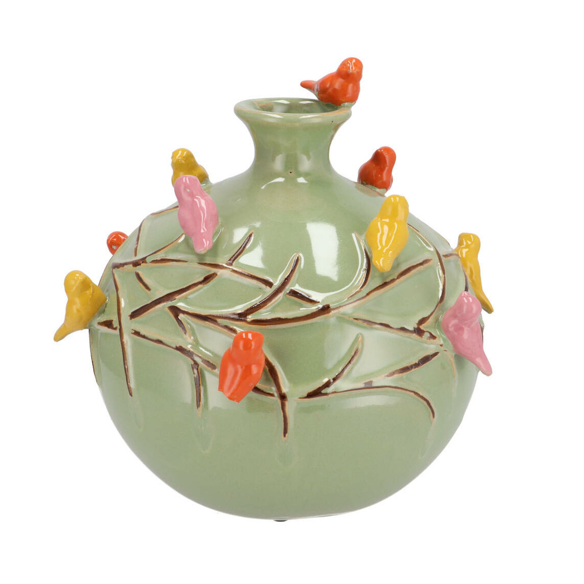 DK Design Vaas Spring birds - pistache groen - keramiek - D14 x H14 cm - bloemenvaas -