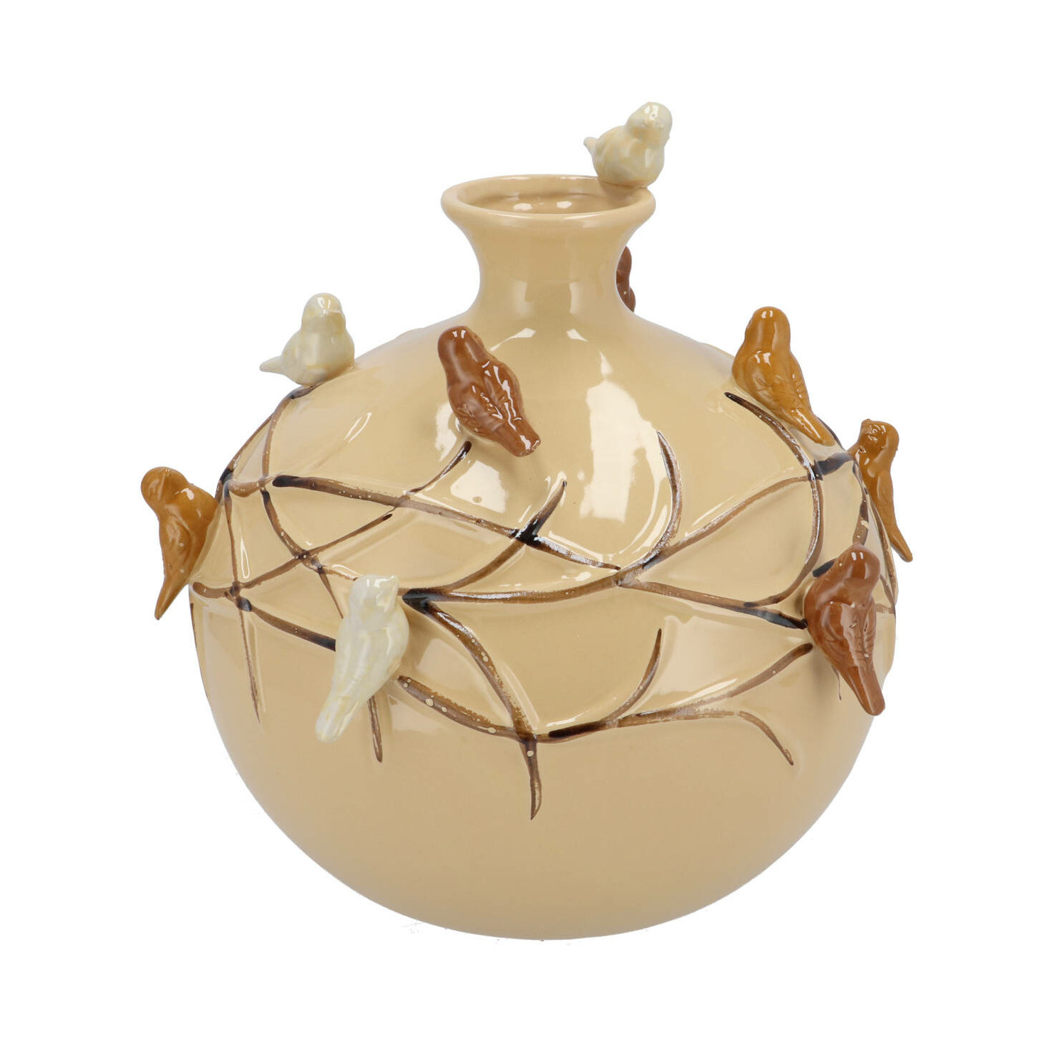 DK Design Vaas Spring birds - zandkleurig - keramiek - D29 x H28 cm - bloemenvaas -