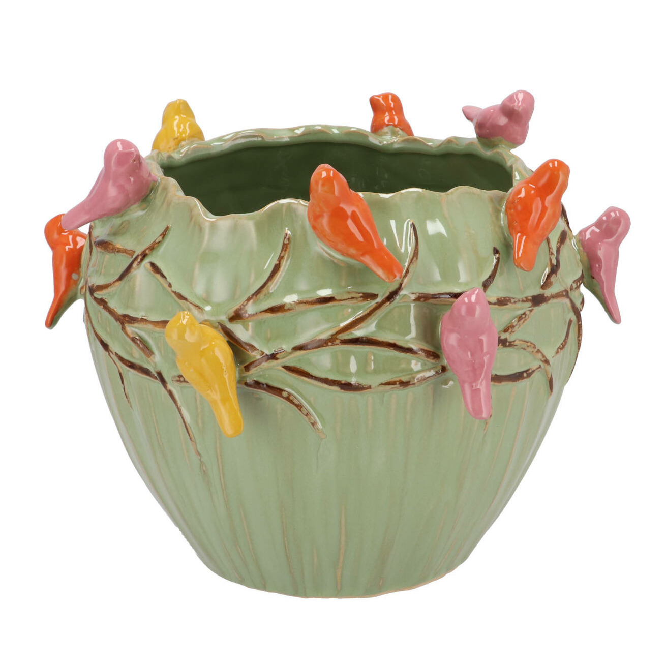 DK Design Bloempot/plantenpot Vogels - pistache groen - D19 x H15 cm -