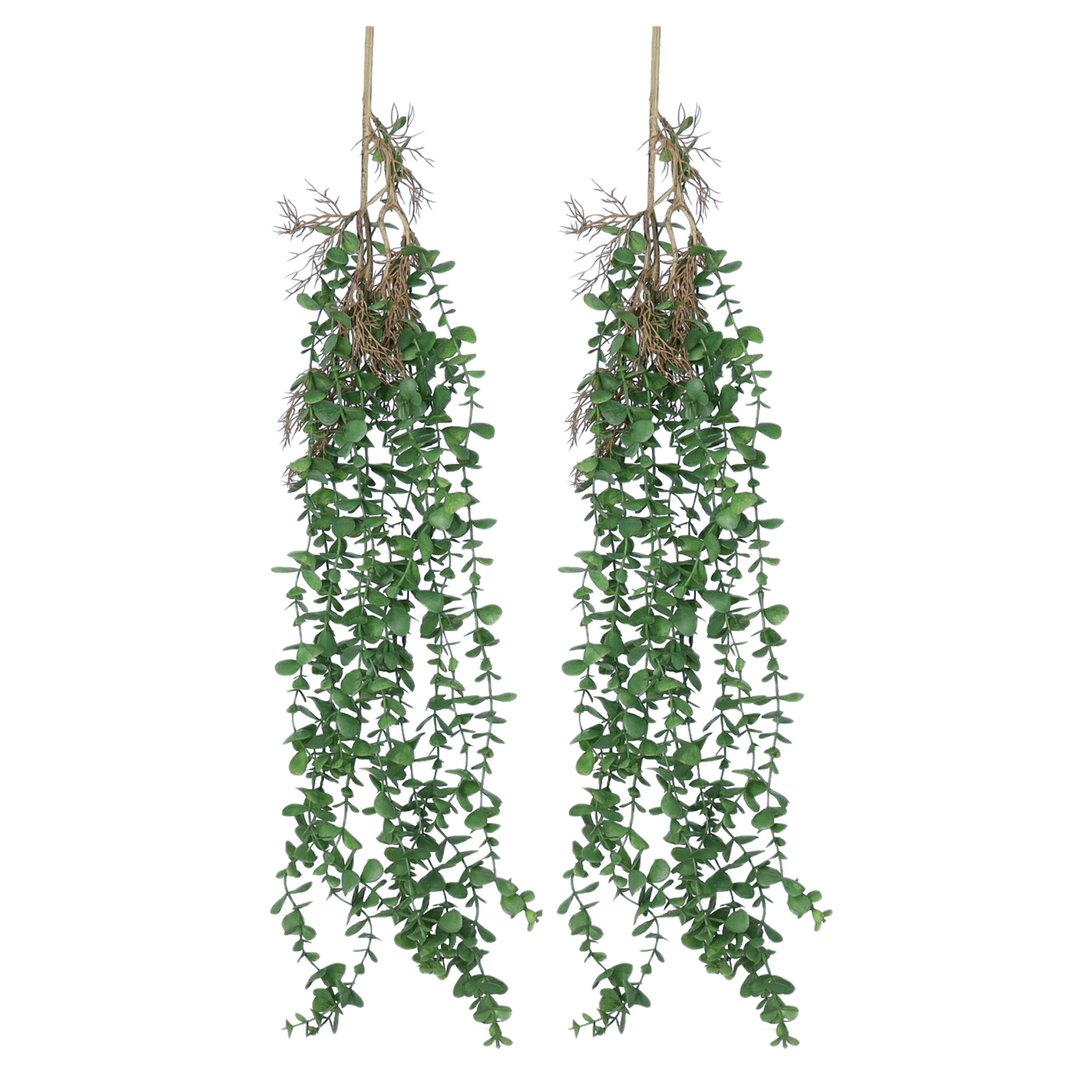 Bellatio Design Kunstbloem/kunsttak Eucalyptus hangend - 2x - 97 cm - groen - kunst hangplanten -