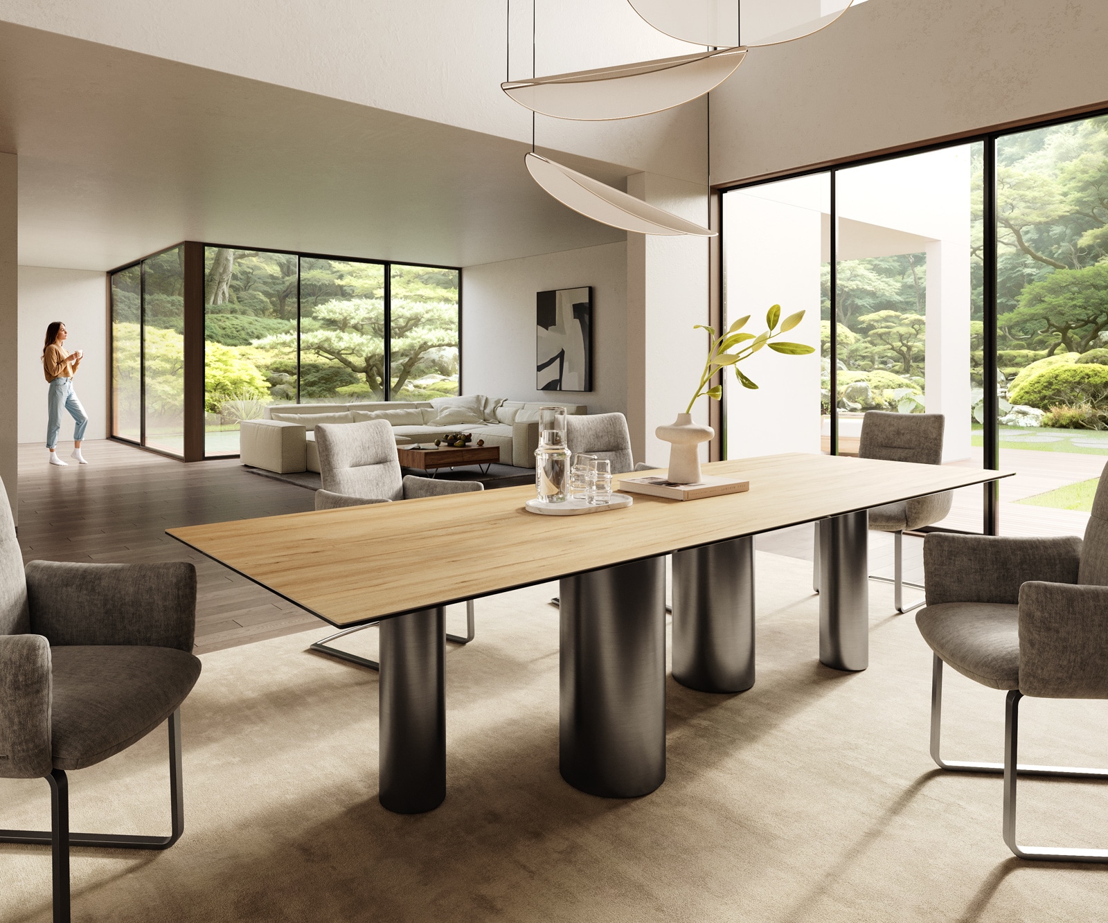 DELIFE Esstisch Edge 300x100 Keramik Laminam Sabbia Eichefarbig Pilier Edelstahl Graphit