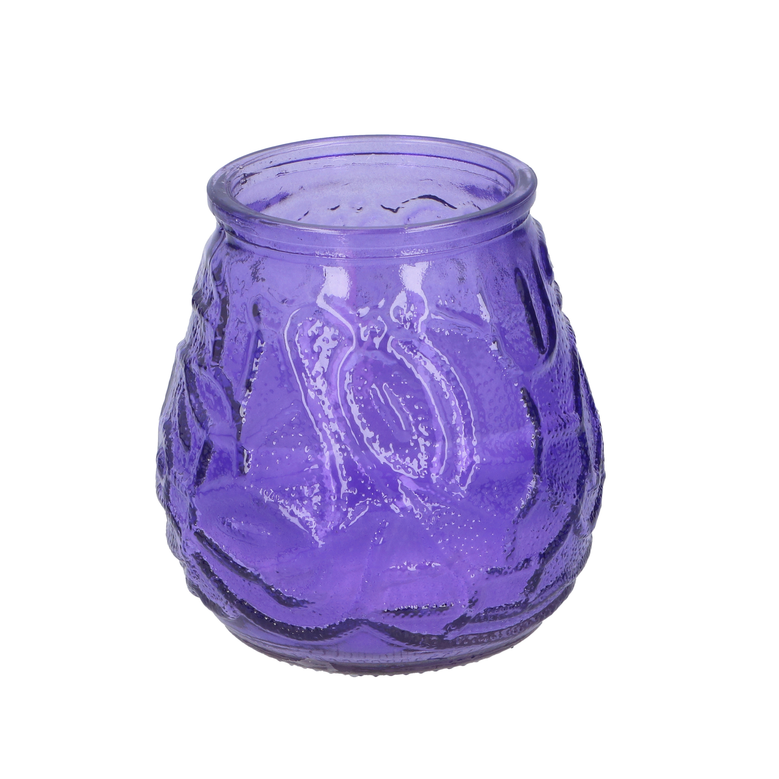 Arti Casa 1x Citronella lowboy tafelkaarsen - 10 cm - paars glas - 15 branduren -
