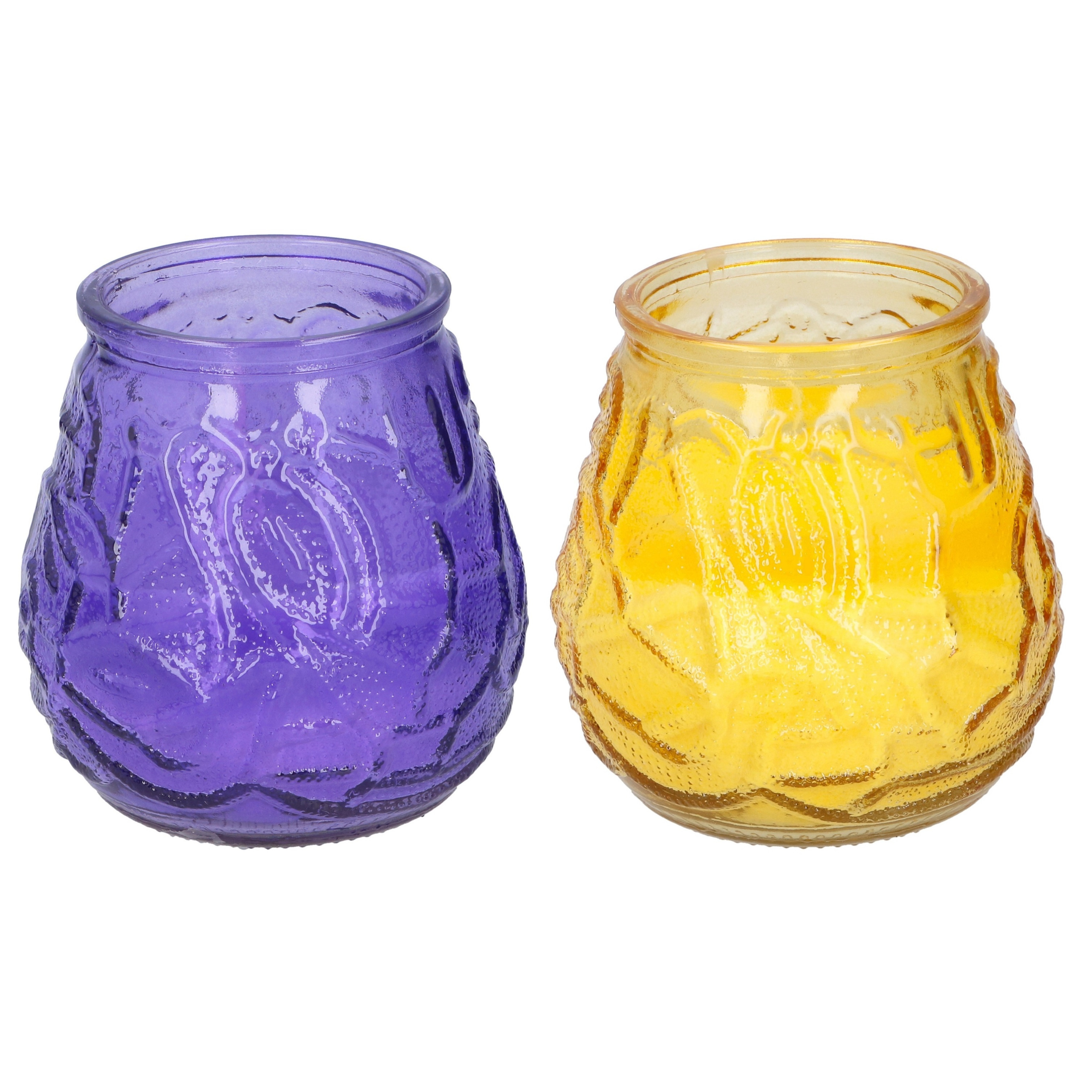 Arti Casa 4x stuks citronella Lowboy tafelkaarsen - 10 cm - geel en paars glas -