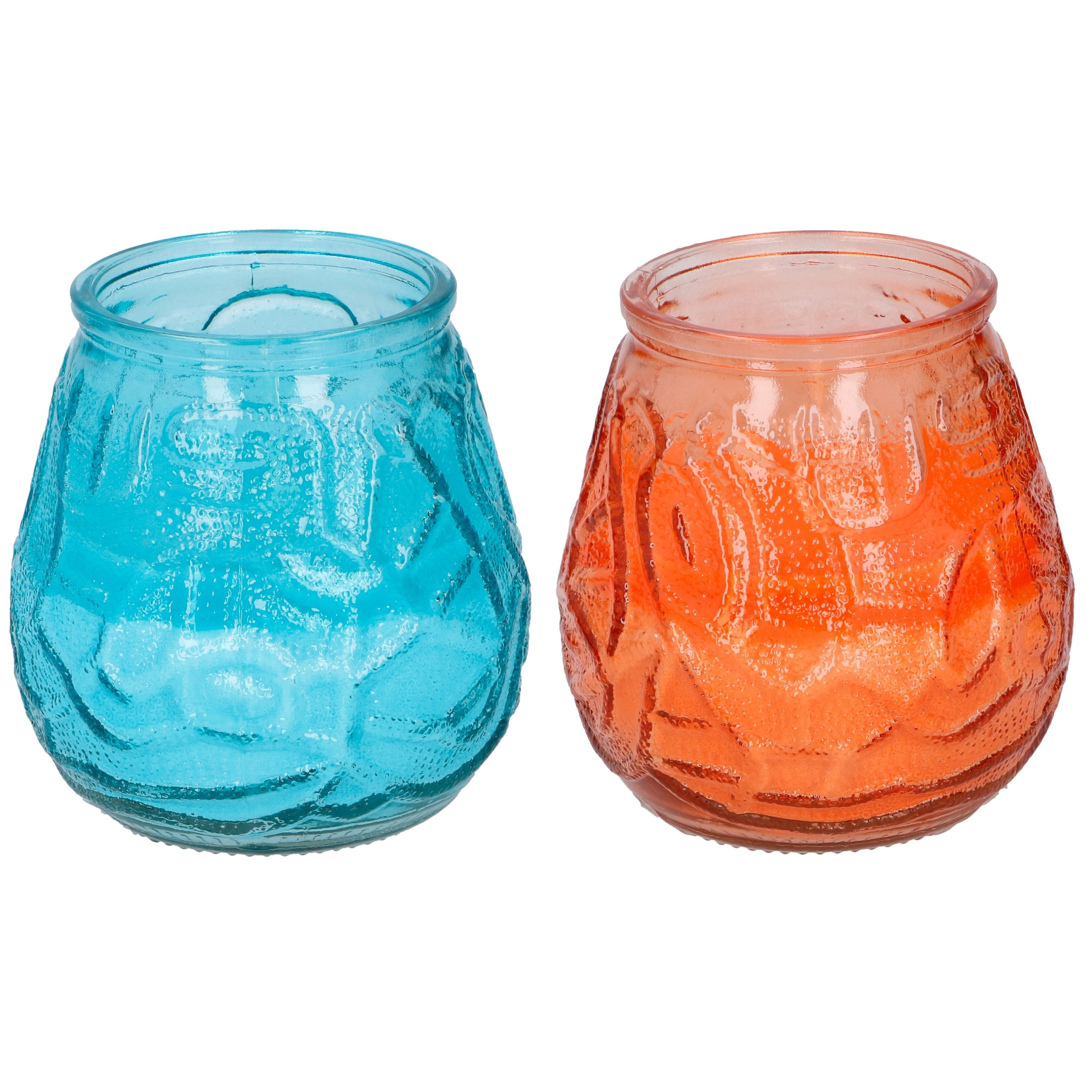 Arti Casa 4x stuks citronella Lowboy tafelkaarsen - 10 cm - oranje en blauw glas -