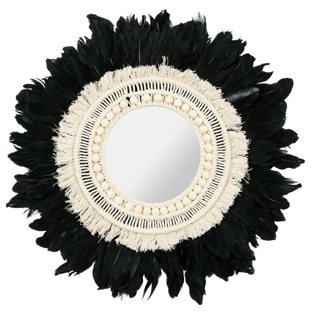 OSTARIA Wandspiegel bohemian Veren - zwart/wit - rond - boho/ibiza stijl - Dia 57 cm -