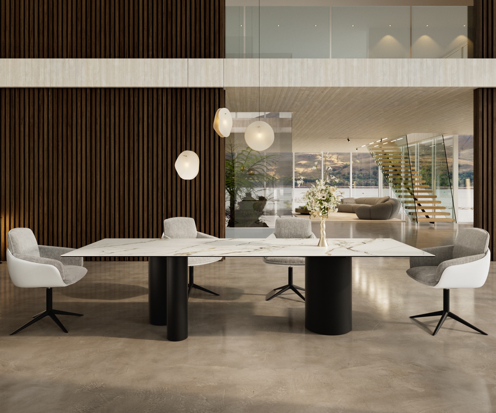 DELIFE Esstisch Edge 300x100 Keramik Calacatta Luxe Weiß-Gold-Grau Troa Metall Schwarz
