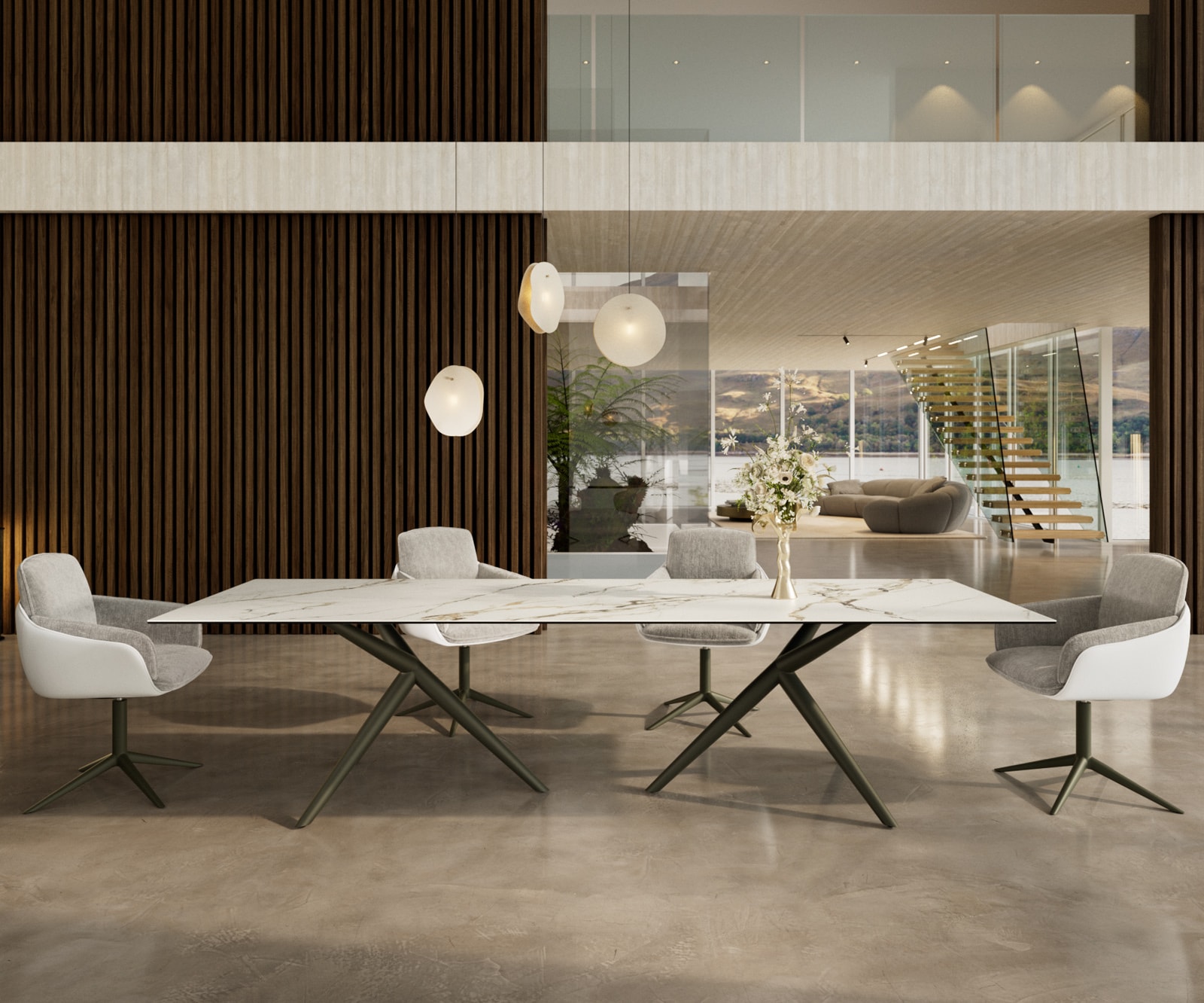 DELIFE Esstisch Edge 300x100 Keramik Calacatta Luxe Weiß-Gold-Grau Estelar rund Metall Effektfinish Titan