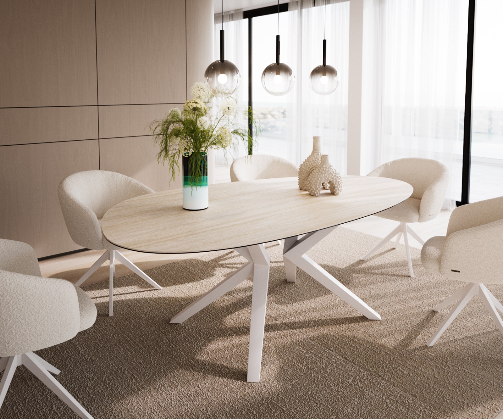 DELIFE Esstisch Edge Oval 220x120 Keramik LaminamTravertino Bianco Creme-Weiß℃ Zenthara kantig Metall Weiß
