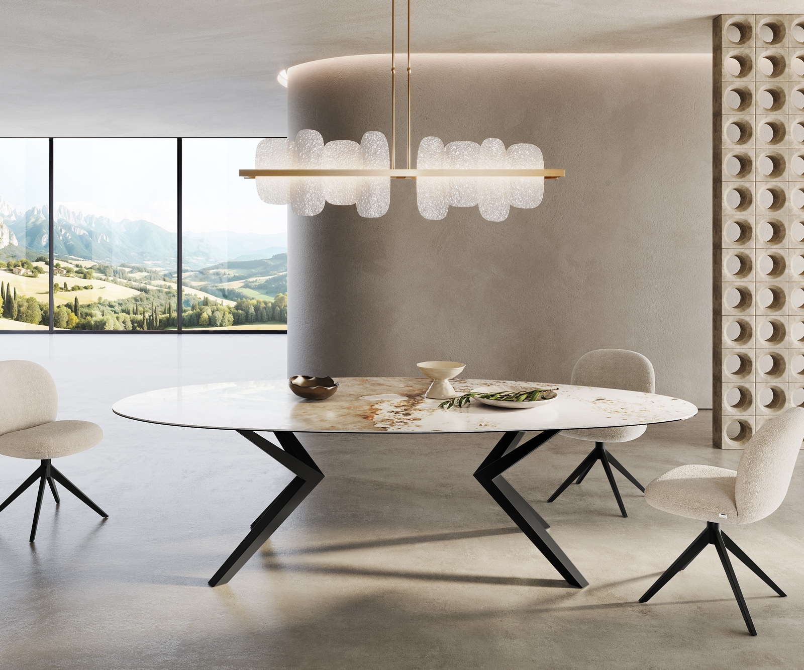 DELIFE Esstisch Edge Oval 280x130 Keramik Minas Melange Weiß-Beige Zenthara kantig Metall Schwarz