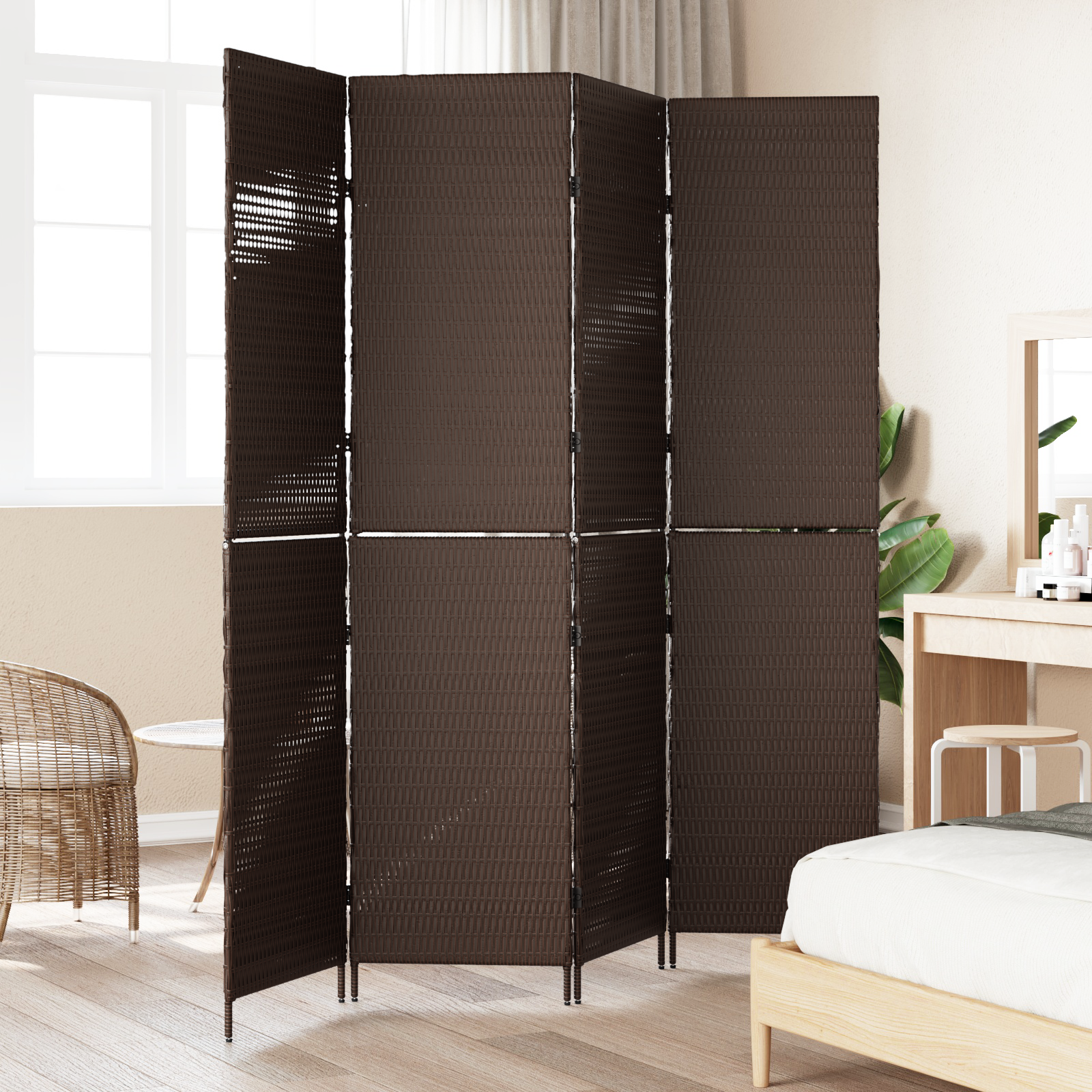 vidaXL Kamerscherm 4 panelen inklapbaar 195x180 cm poly rattan bruin