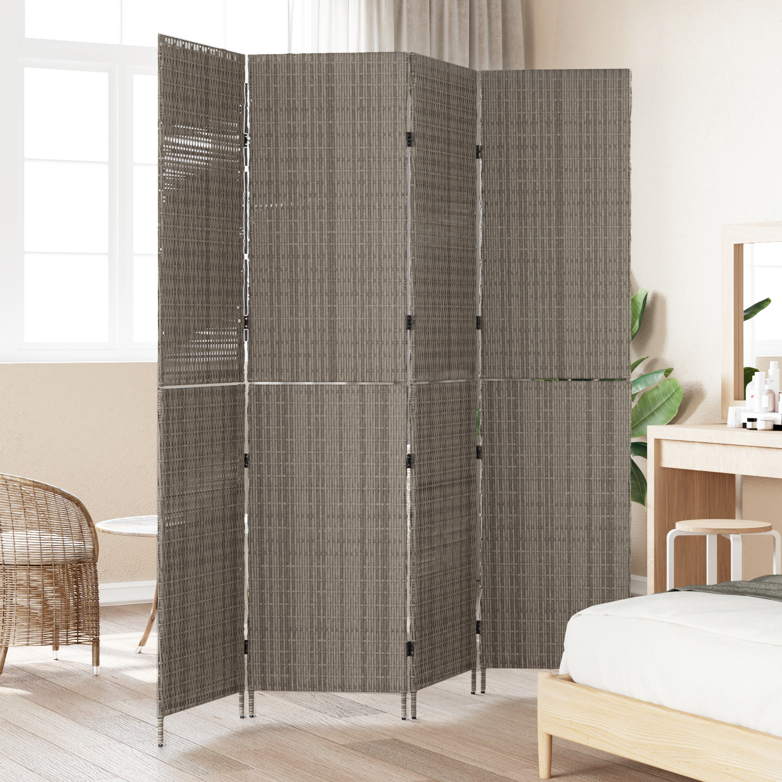 vidaXL Kamerscherm 4 panelen inklapbaar 195x180 cm poly rattan grijs