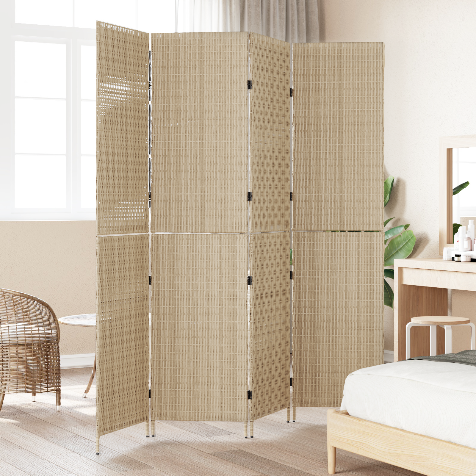 vidaXL Kamerscherm 4 panelen inklapbaar 196x180 cm poly rattan beige
