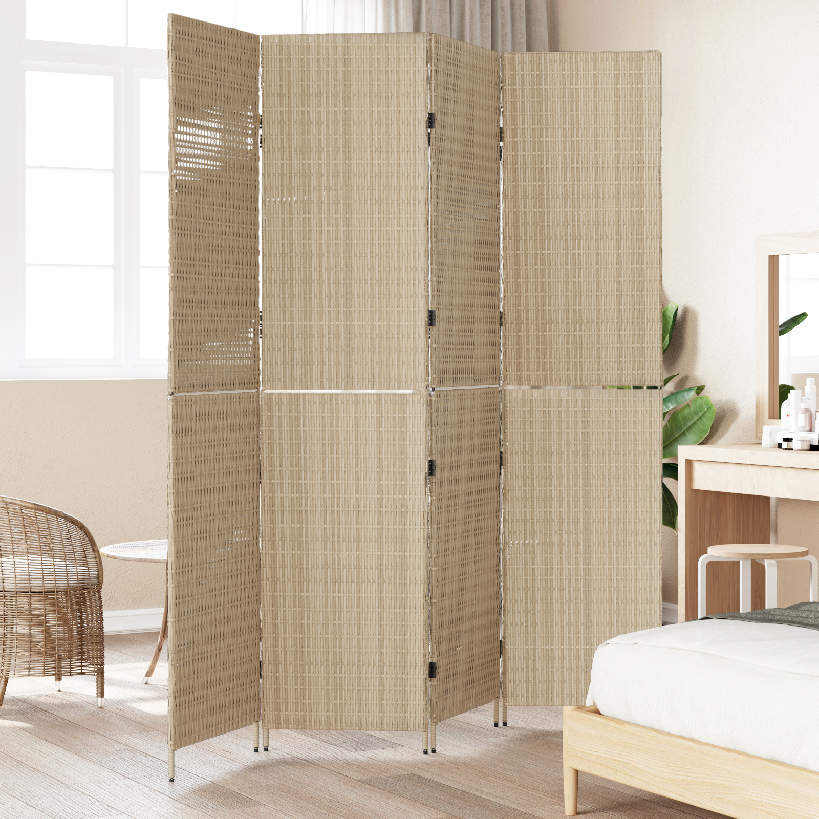 vidaXL Kamerscherm 4 panelen inklapbaar 196x200 cm poly rattan beige