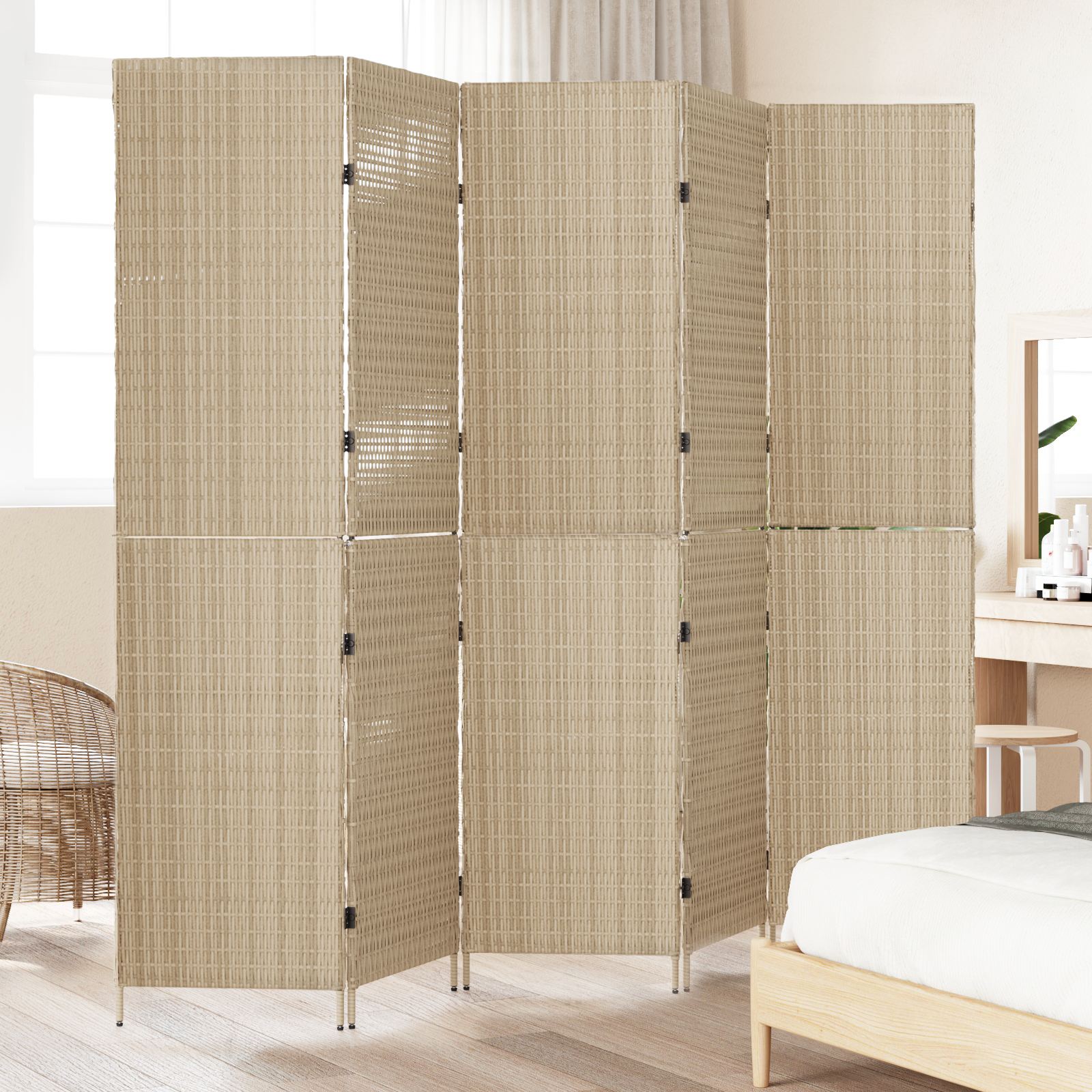 vidaXL Kamerscherm 5 panelen inklapbaar 245x180 cm poly rattan beige