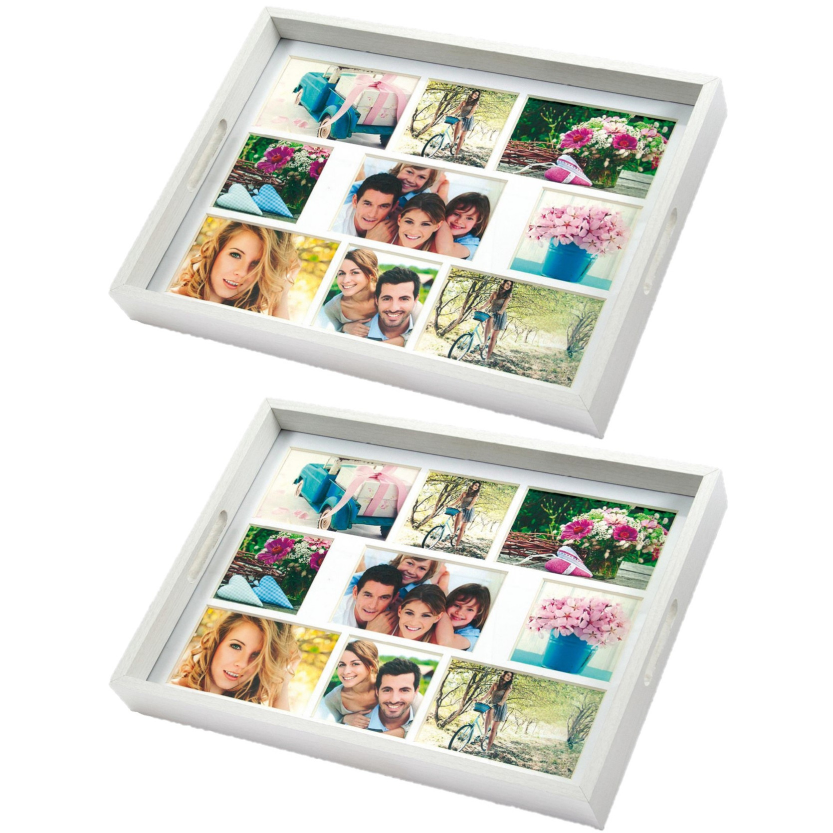 Zep Foto dienblad - 2x stuks - wit - 45 x 35 cm - hout/glas - voor 9 foto's in diverse maten -