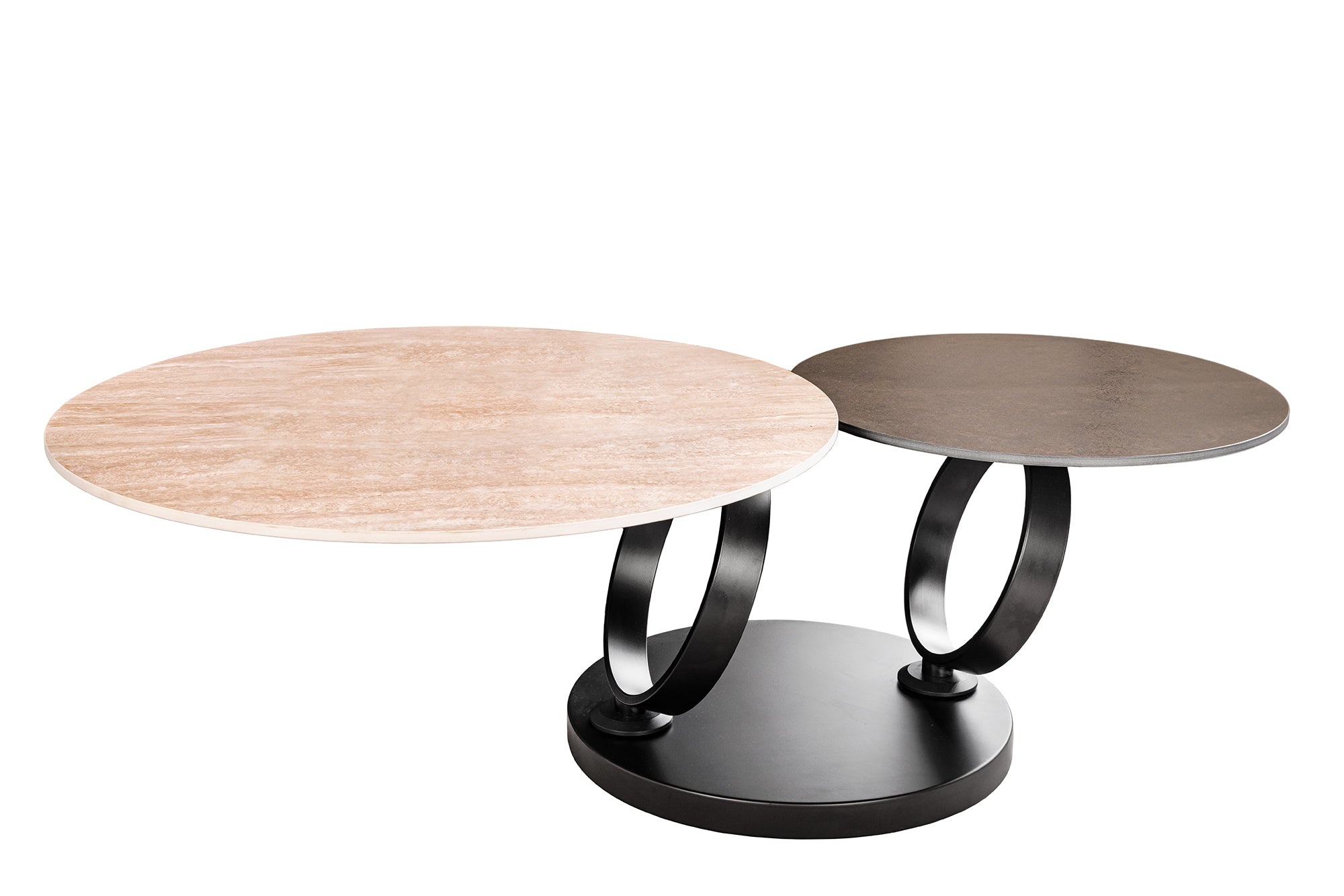 Invicta Interior Salontafel DANCING RINGS 80-135cm draaibaar keramisch blad natuurlijke travertijn en roestlook - 46316