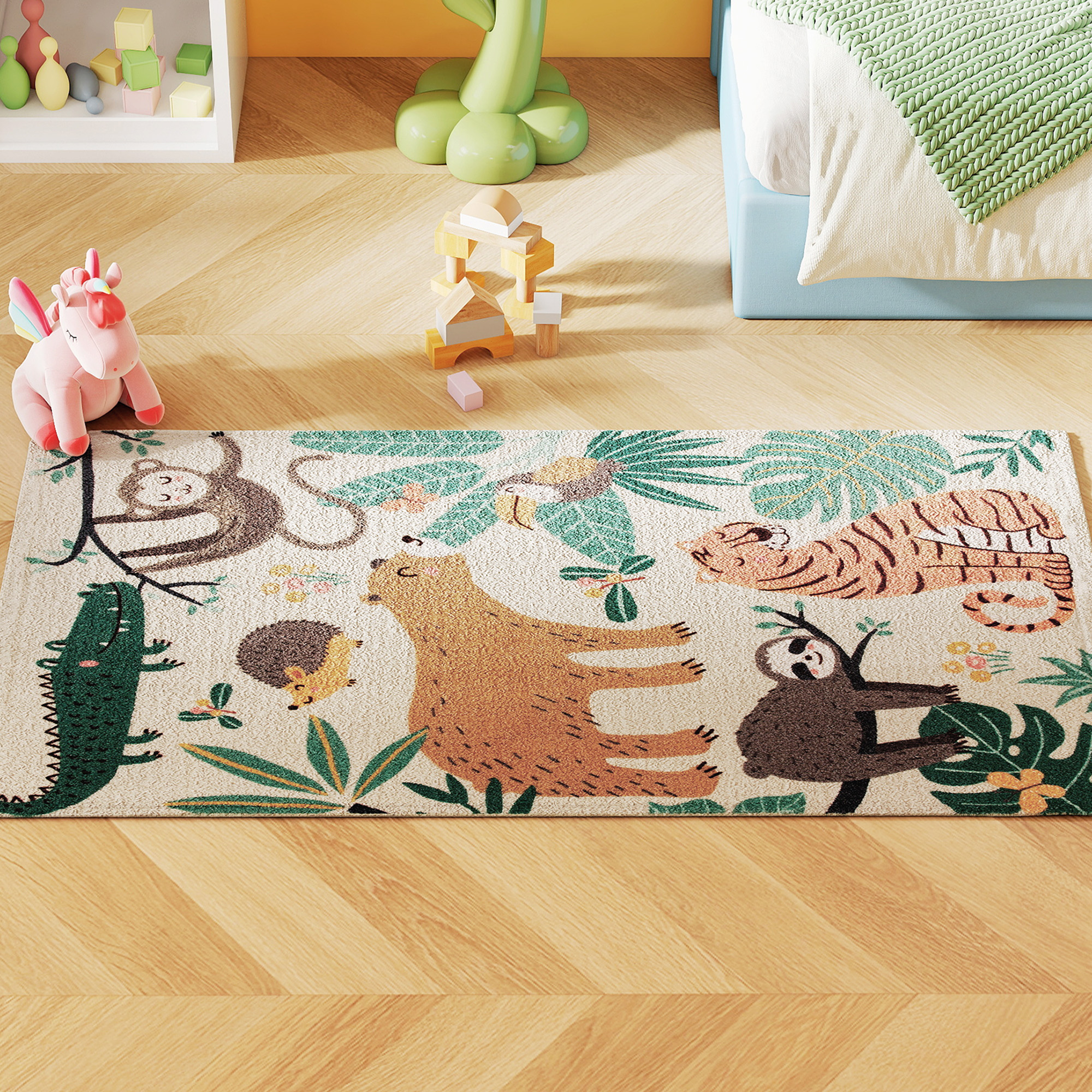 HOMCOM Fleece tapijt met junglepatroon, onderhoudsvriendelijk, Crèmekleurig + Kleurrijk