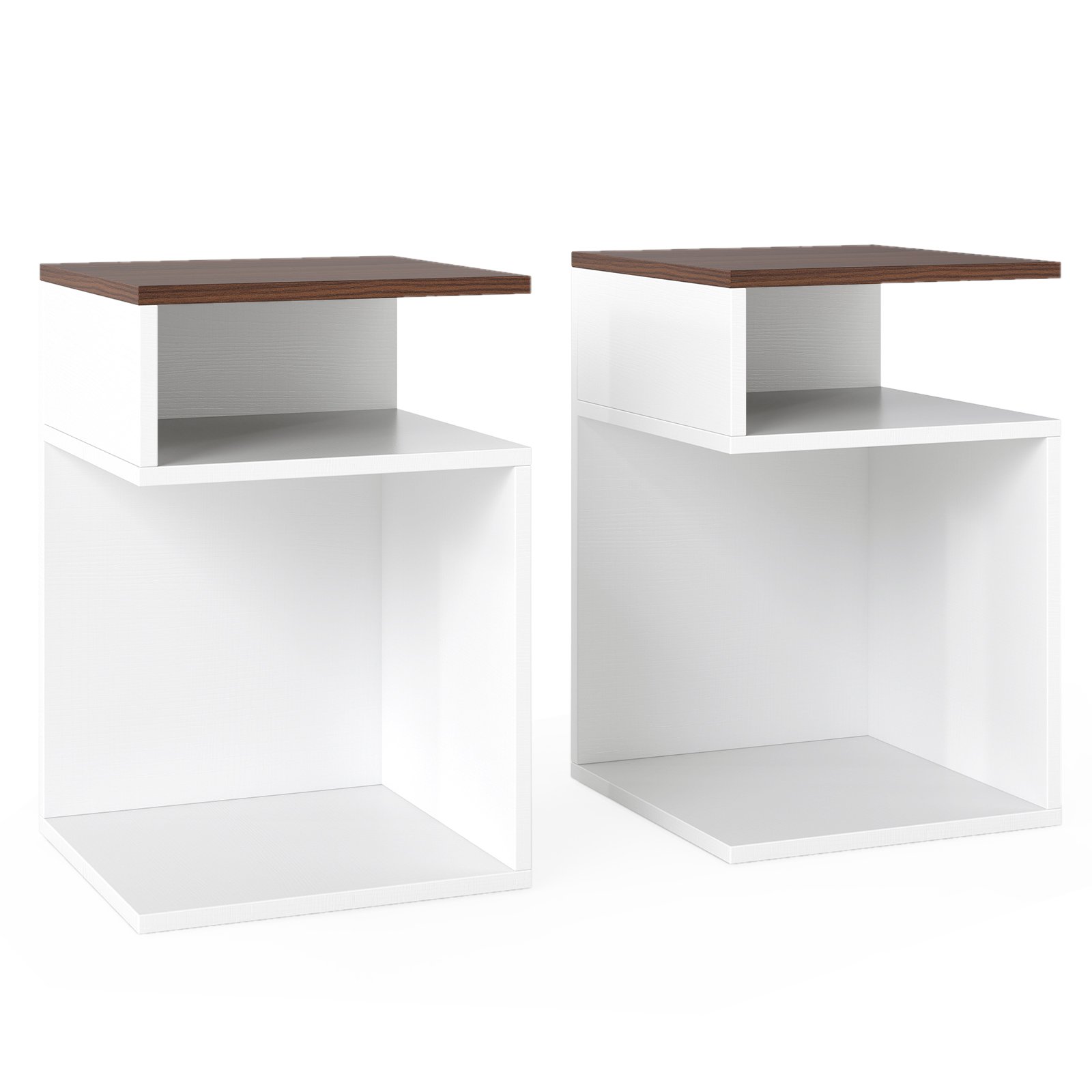 Costway 2-delige set S-vormige Bijzettafel met 2 Open Vakken Nachttafel Salontafel Wit + Notenhout