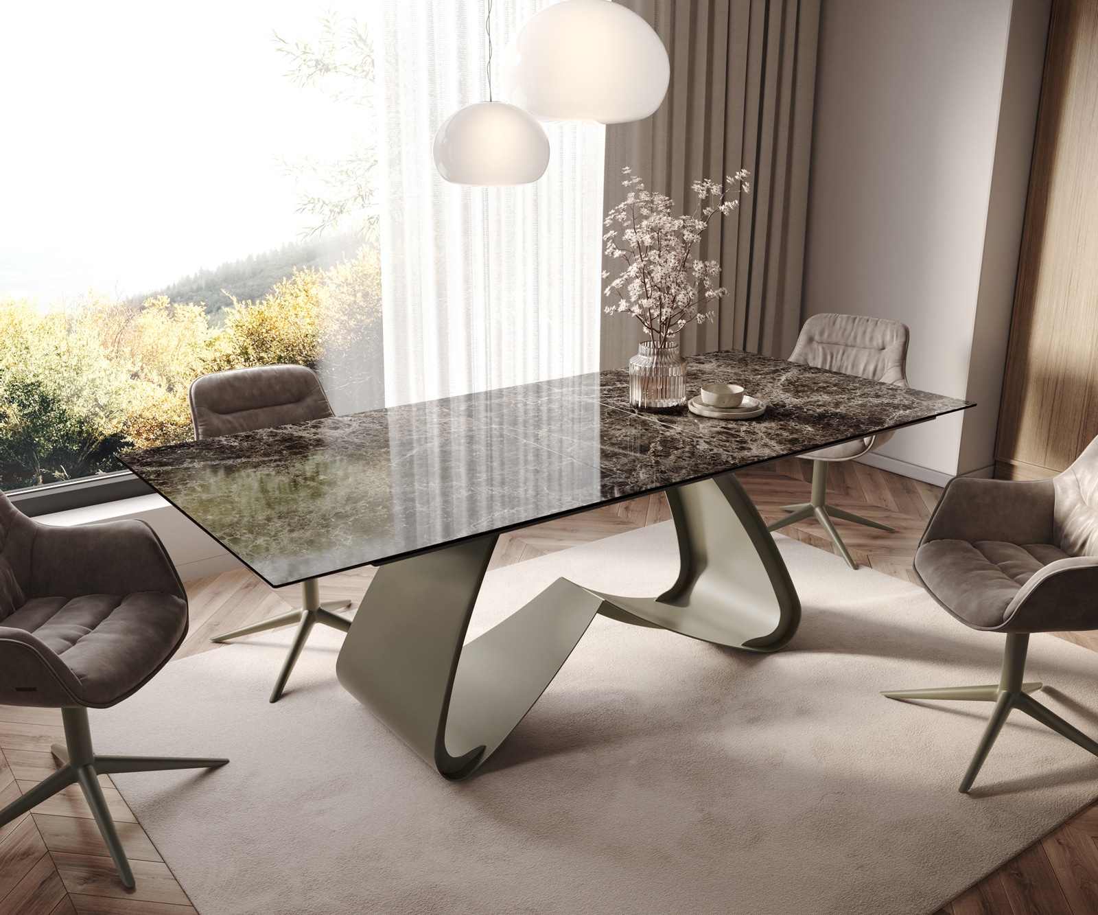 DELIFE Esstisch Edge 180-220x100 Keramik Laminam Emperador Extra Lucidato Dunkelbraun W-Gestell Effektfinish Titan ausziehbar
