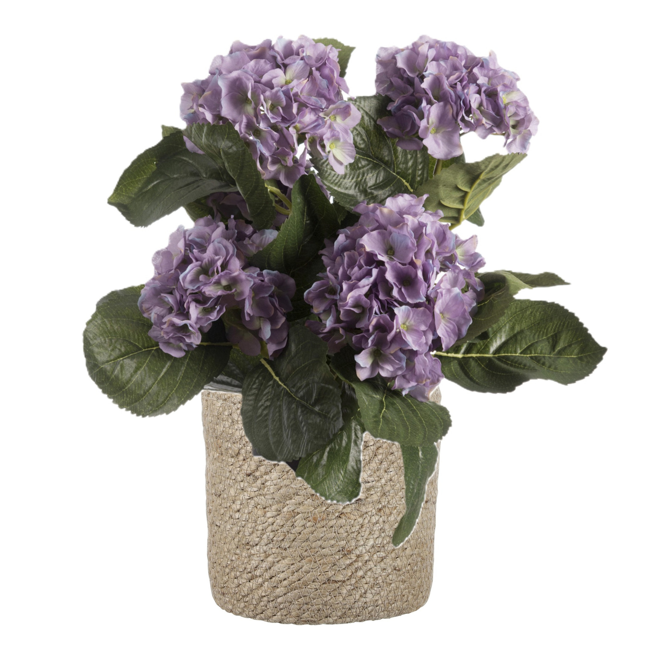 Merkloos Kunstplant met plantenmand - Hortensia hdrangea - paars - rotan pot - bruin -