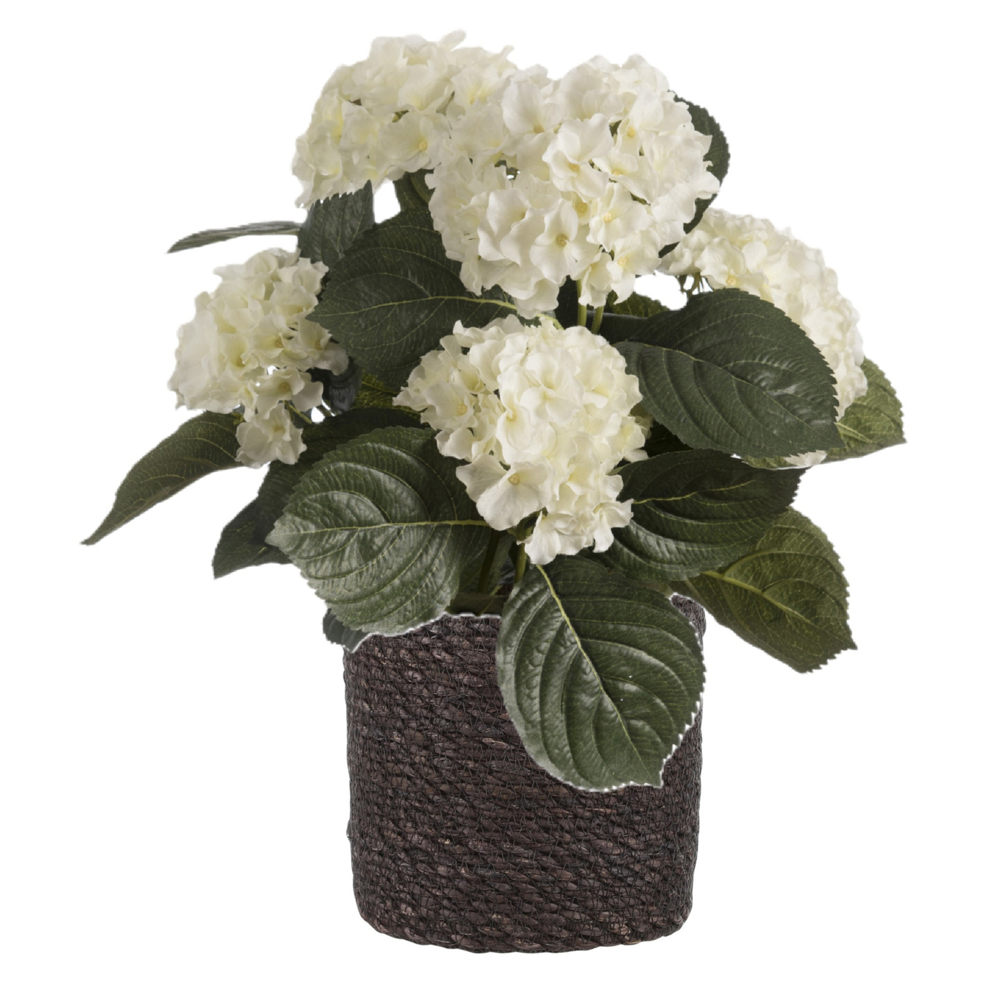 Merkloos Kunstplant met plantenmand - Hortensia hdrangea - paars - rotan pot - grijs -