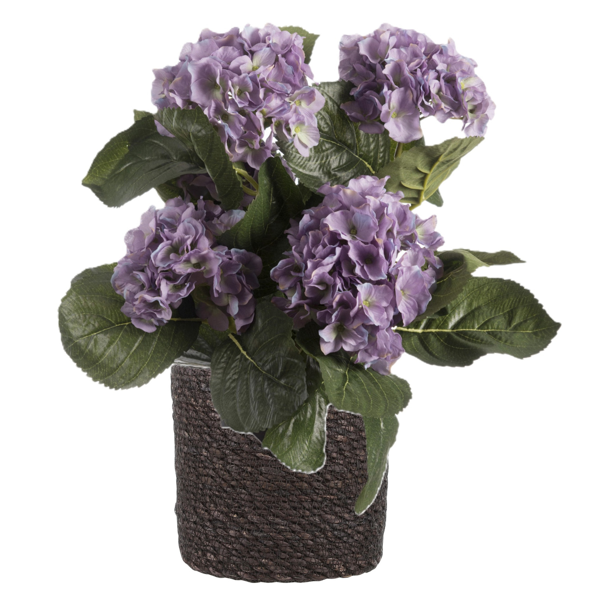 Merkloos Kunstplant met plantenmand - Hortensia hdrangea - wit - rotan pot - grijs -