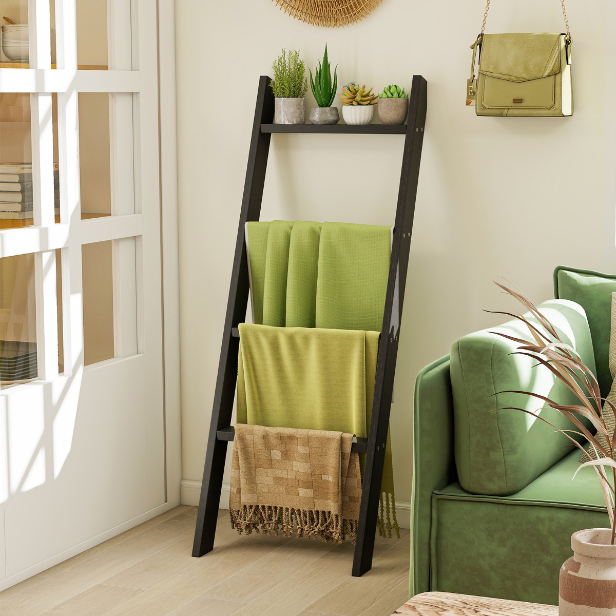 Costway 28 cm Handdoekladder met Plafondbevestiging 4-traps Handdoekstandaard Wandmontage Zwart
