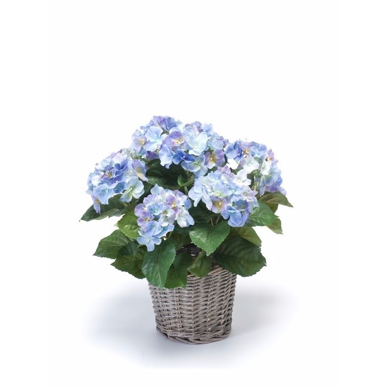 Merkloos Kunstplant Hortensia bloemen in mand - Blauw - H45 cm - Kunstplanten/nepplanten met bloemen -