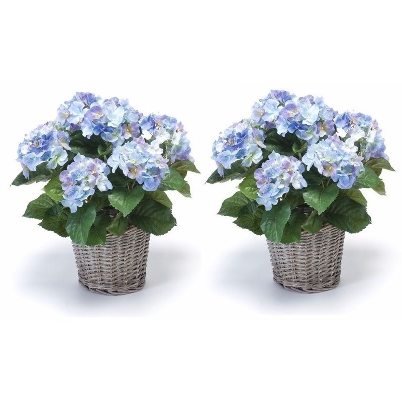 Bellatio flowers & plants Kunstplant Hortensia bloemen in mand - 2x - Blauw - H45 cm - Kunstplanten/nepplanten met bloemen -
