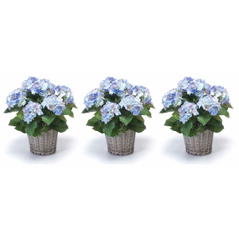 Bellatio flowers & plants Kunstplant Hortensia bloemen in mand - 3x - Blauw - H45 cm - Kunstplanten/nepplanten met bloemen -