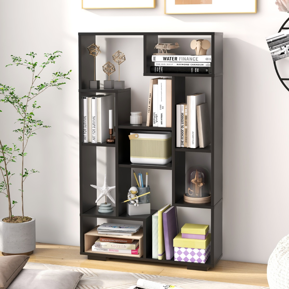 Costway Modern Boekenrek met Open Planken & Kantelbeveiliging Geometrisch Multifunctioneel rek Zwart