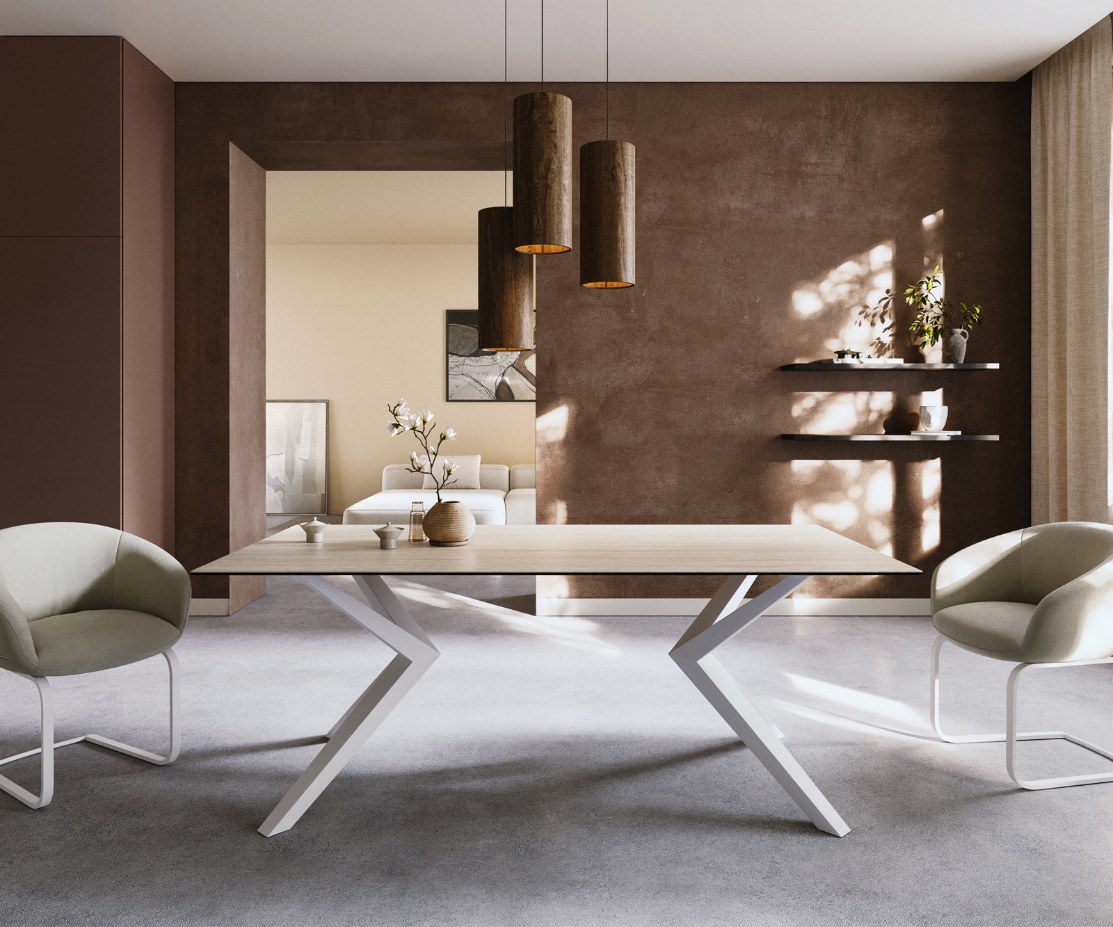 DELIFE Esstisch Edge 200x100 Keramik Laminam Travertino Bianco Creme-Weiß Zenthara kantig Metall Weiß
